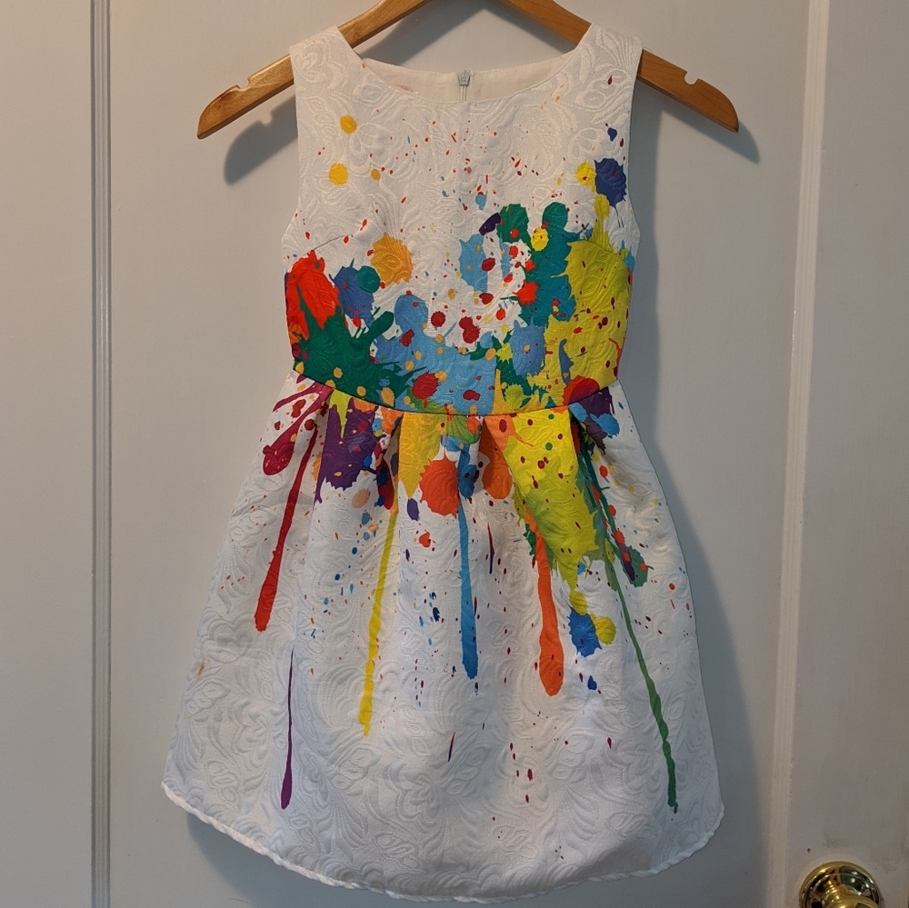 Girls splatter paint Christmas dress sz 6 BRIGHT
